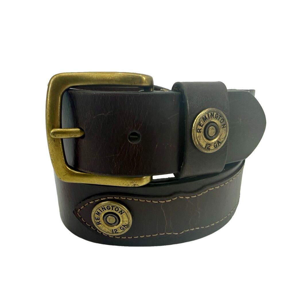 Remington Mens SZ 42 Brown Leather 12 GA Gauge Shell Belt Brass Buckle Concho